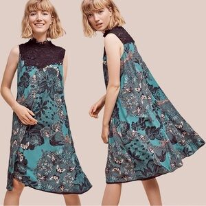 Anthropologie Maeve Silk blend Butterfly Swan Green print Lace top Swing Dress